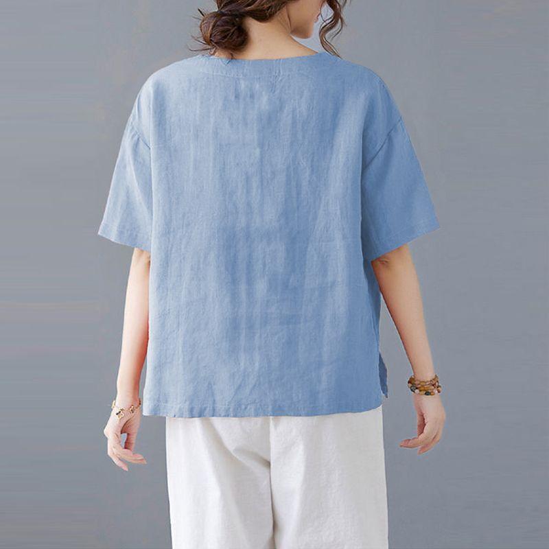 Retro Heavy Industry Embroidered Cotton Linen Short-sleeved Shirt for Women Summer Loose Slim Casual Versatile Linen T-shirt