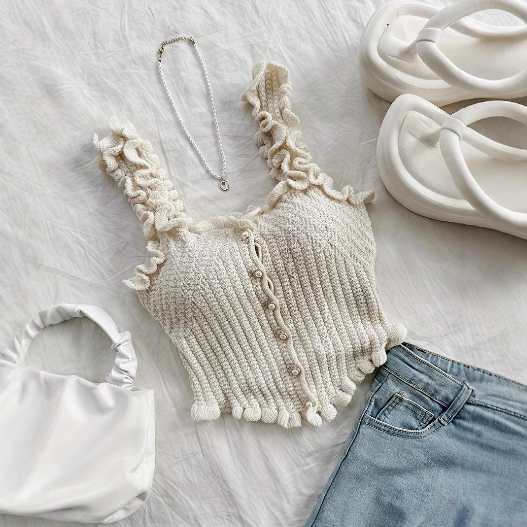 Women Ruffle Strap Button Front Knit Sleeveless Crop Cami Top S бежевый