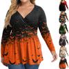 Damen Plus Size Langarm V-Ausschnitt Bluse mit Halloween-Print Lässiges Tunika-Oberteil für den Herbst