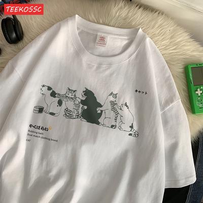 Summer Cotton WomenS TShirts Japanese Vintage Cats Printing Short Sleeve ONeck Breathable Loose Tops Casual Female Clothes