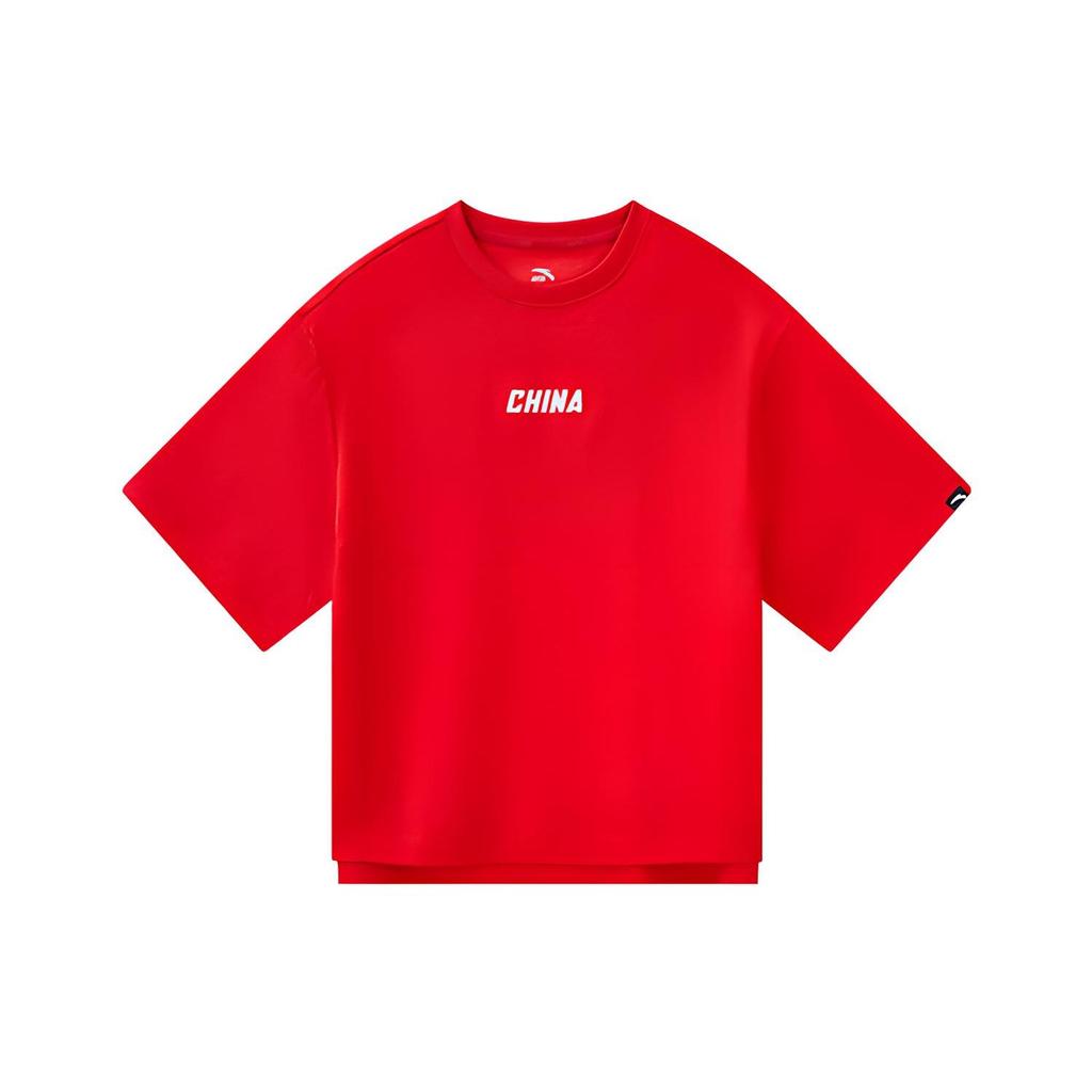 Anta Letter Embroidery Printed Knitted Loose Sports Short Sleeve T-Shirt Women Tops Red 962127147-2