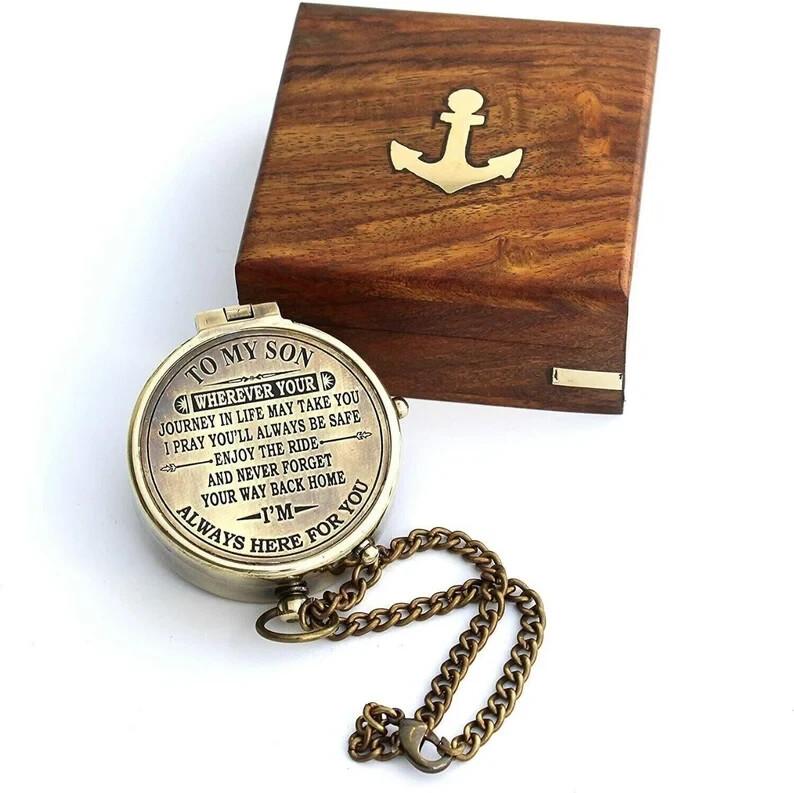 Engraved Brass Compass with Wooden Box - Vintage Maritime Direction Map Style