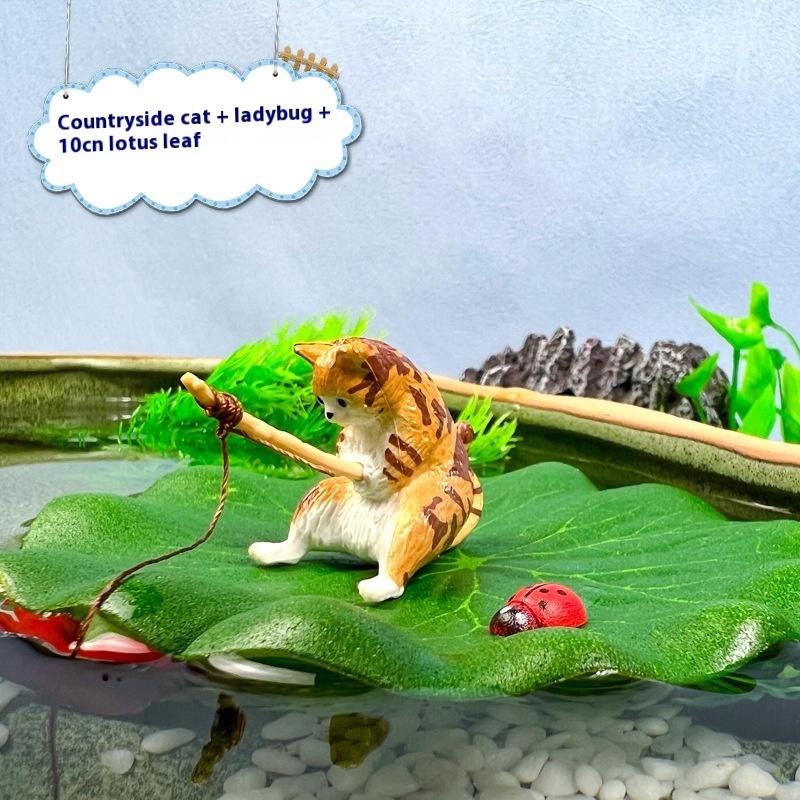 

3Pcs Fishing Cat Ladybug Lotus Leaf Set Ornaments Aquarium Decoration Cartoon Cat Statue Mini Resin Figurine Home Decor A4