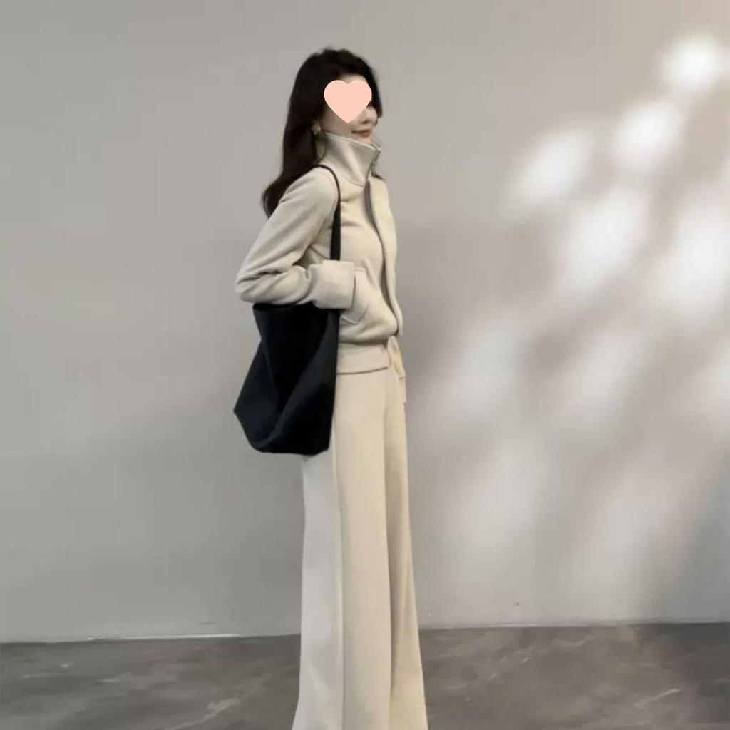 Korean Style Stand-Collar Sweatshirt Jacket & Casual Wide-Leg Pants Set for Women - Autumn/Winter Fashion