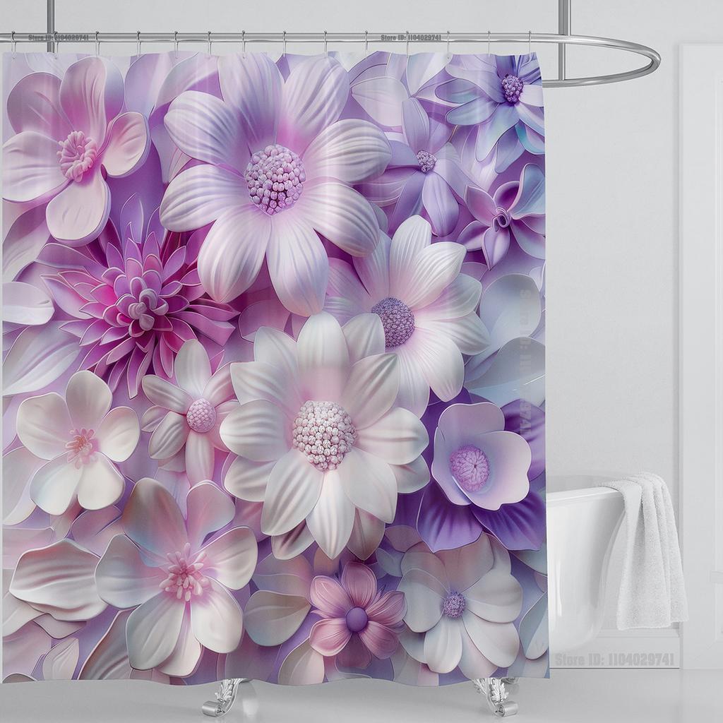 3D Red Floral Shower Curtain Set Pink Flower Design Fabric Bathroom Decor Waterproof Washable Shower Curtain Set with Hooks