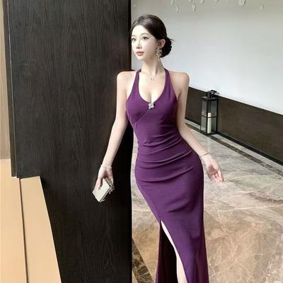 Design Neckholder-Kleid Damen Sommer Königlicher Schwester-Stil Schlankes Kleid Langes Kleid Schwarzes Temperament Hüftrock