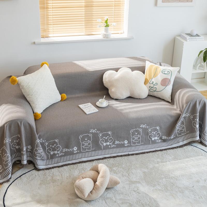Cotton Linen Sofa Towel Cover Cartoon Bear Rabbit Couch Towel Universal for Seasons Non-slip Couch Dust Proof Decorative Blanket