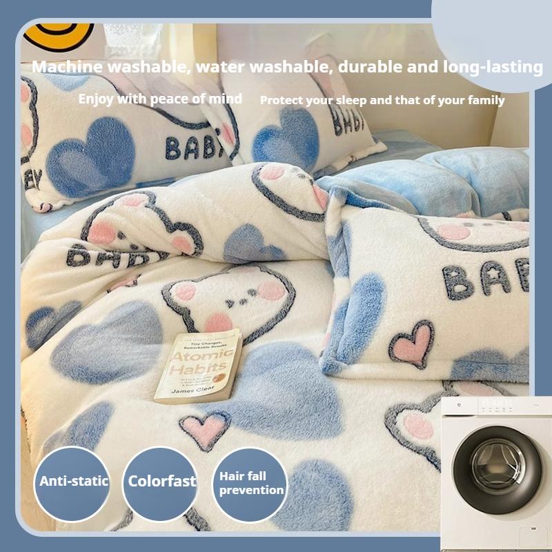 Zimní Mléčný Korálový Fleecový Postelový Čtyřdílný Set Plyšový Povlak na Přikrývku Prostěradlo Povlaky na Polštáře Set