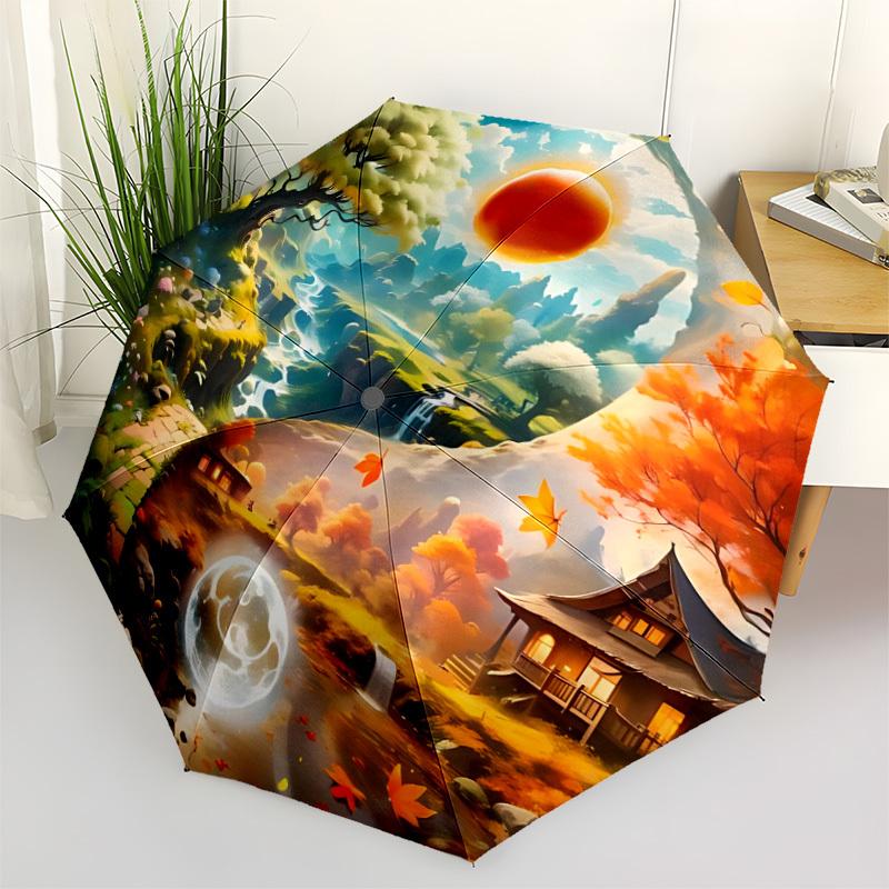 

1pc Fantasy Landscape Automatic Umbrella - Stylish, Durable, with 8-Rib Manual Open Design, Elegant Black Handleyy250920235