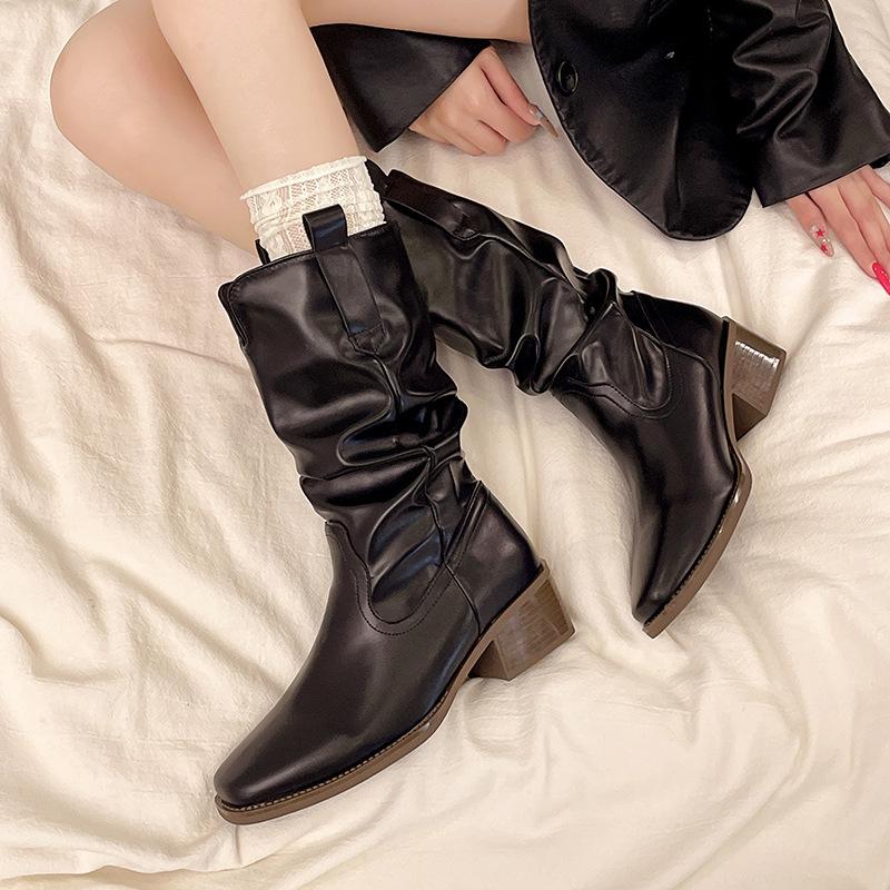 2025 autumn and winter new fashion versatile retro trouser boots versatile niche design thick heel square head medium boots