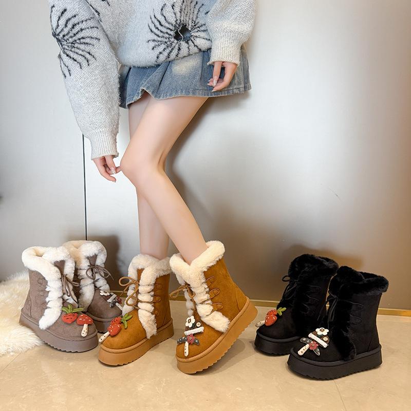 Women's Lace-up Large Size Thick Sole Winter Warm Fur Snow Boots Padded Lined Ankle Boots Anti-slip Hiking Sports Cotton Boots