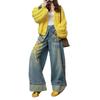 High-Waisted Wide-Leg Denim Pants Women With Overlap Waist Panel Print Streetwear Loose Fit 2025