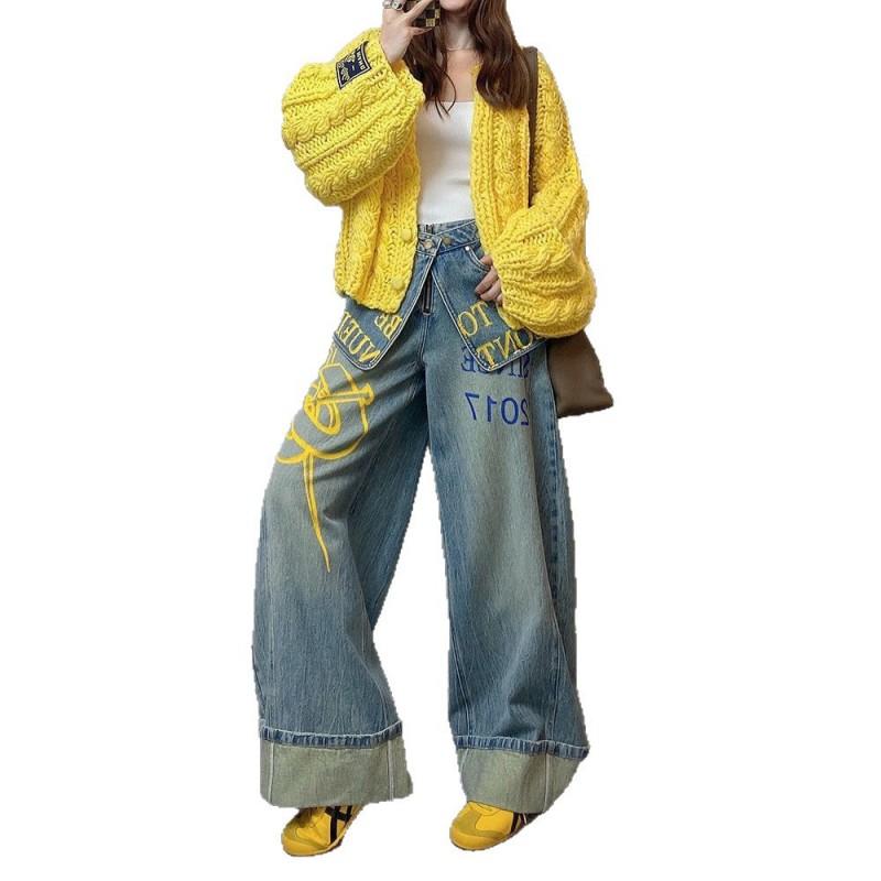 High-Waisted Wide-Leg Denim Pants Women With Overlap Waist Panel Print Streetwear Loose Fit 2025