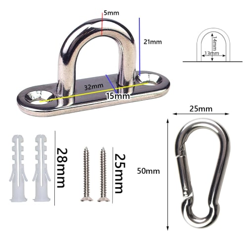 8-Piece Set of 5mm Thick 304 Stainless Steel Pad Eye Hooks, U-Shaped, for Ceiling and Wall Mounting, Includes Screws, Corrosion-Resistant, High Streng