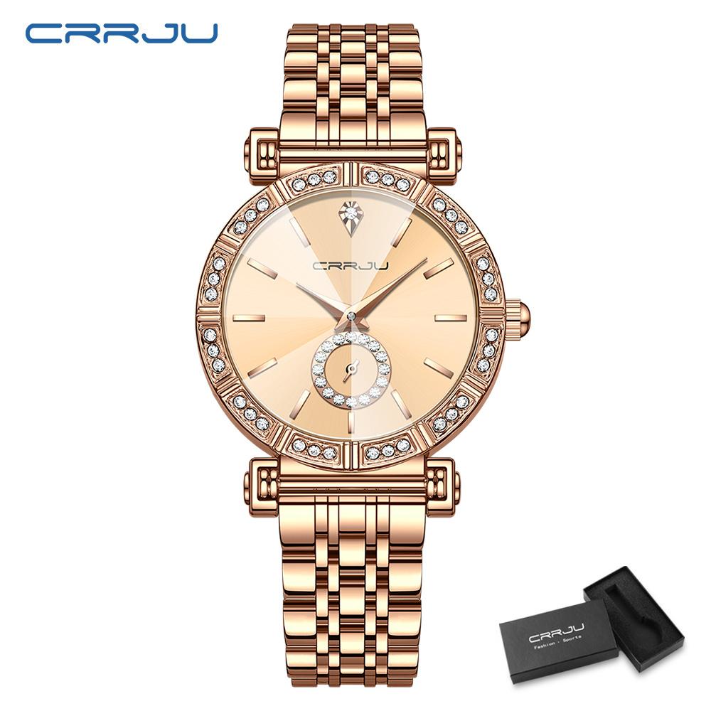 CRRJU Brand Luxury Fashion Original Ladies Watch Waterproof Ladies Watch Stainless Steel Diamond Watch Gift