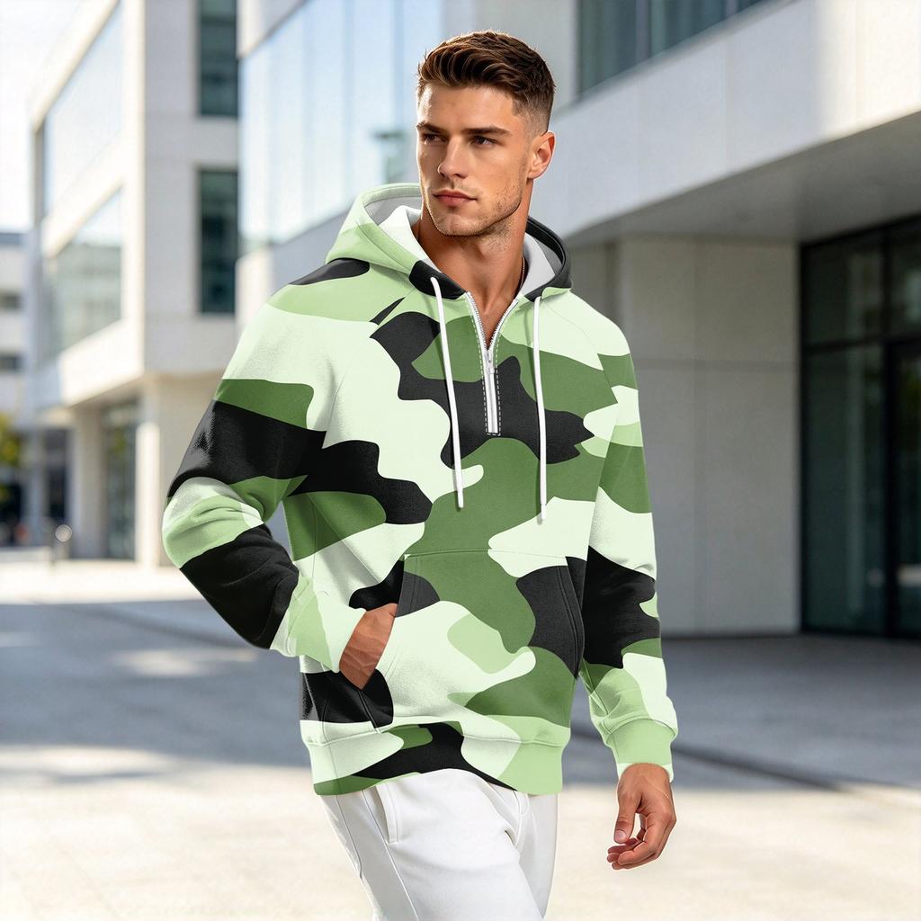 Men's Camouflage Print Zip-Up Hoodie, Casual Loose Fit Long Sleeve Hooded Sweatshirt for Fall Winter
