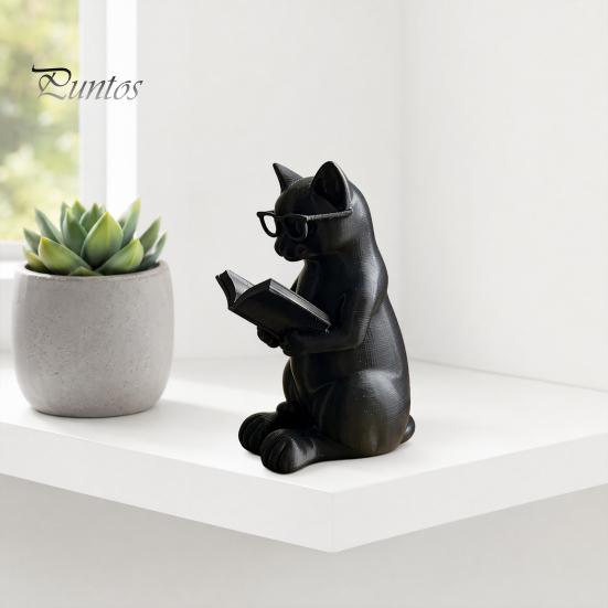 Décoration Chat de Bureau Figurine de Lecture Imprimée en 3D, Ornement Décoratif avec Base Lestée Antidérapante, Statue Intellectuelle à Texture Haut de Gamme Lunettes