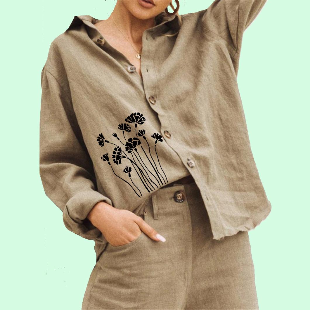 

Женская модная блузка с цветочным принтом, женская повседневная рубашка с длинным рукавом и пуговицами из хлопка и льна 3XL хаки