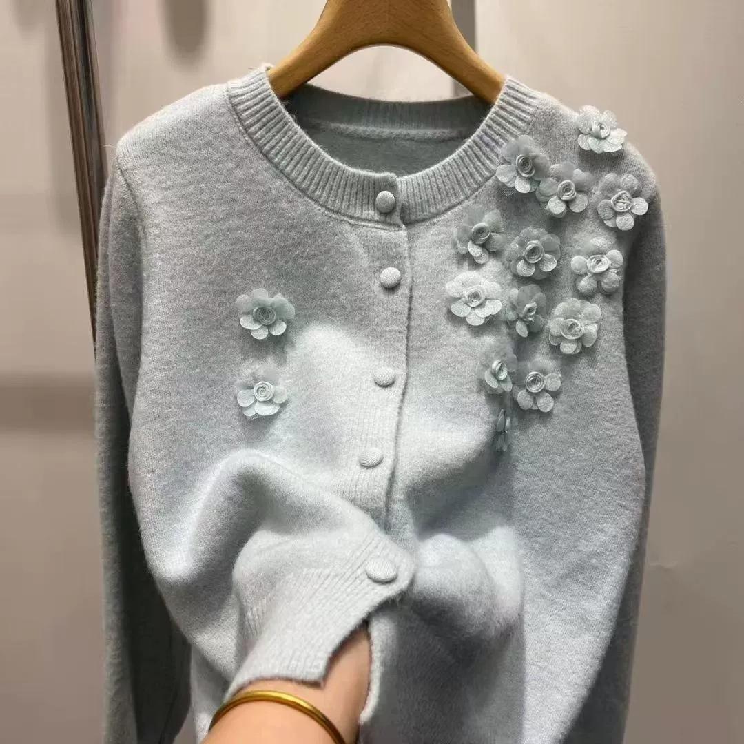 

Fashion New Knitted Cardigan Three-dimensional Flower Sweater Women s Jacket Heavy Industry Crew Neck Solid Color Short Top One size светло-синий