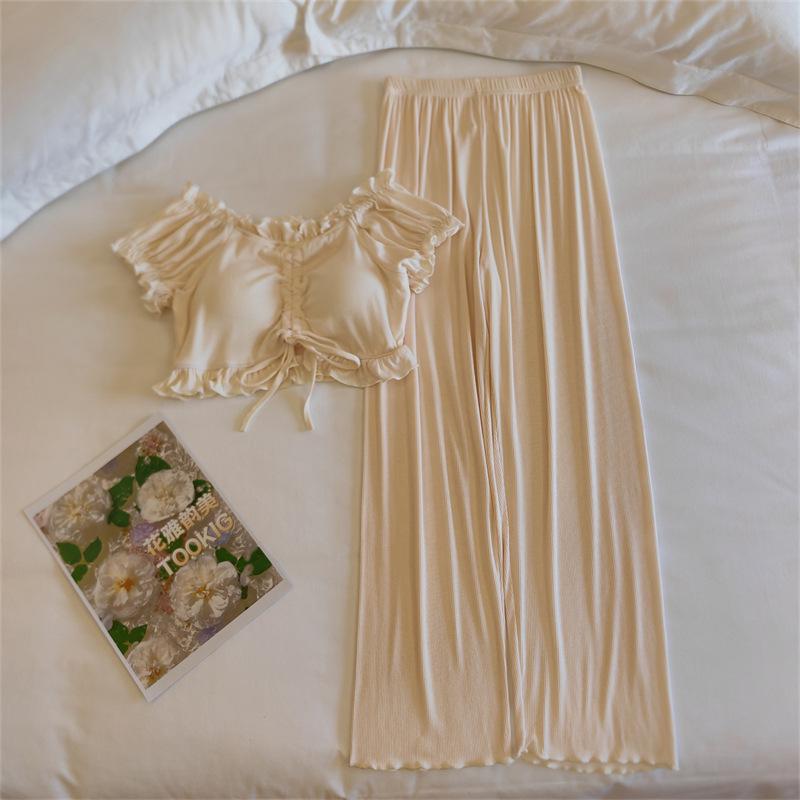 Women's Summer Puff Sleeve Modal Pajamas Set with Integrated Breast Pads - Sexy Pure Desire Homewear