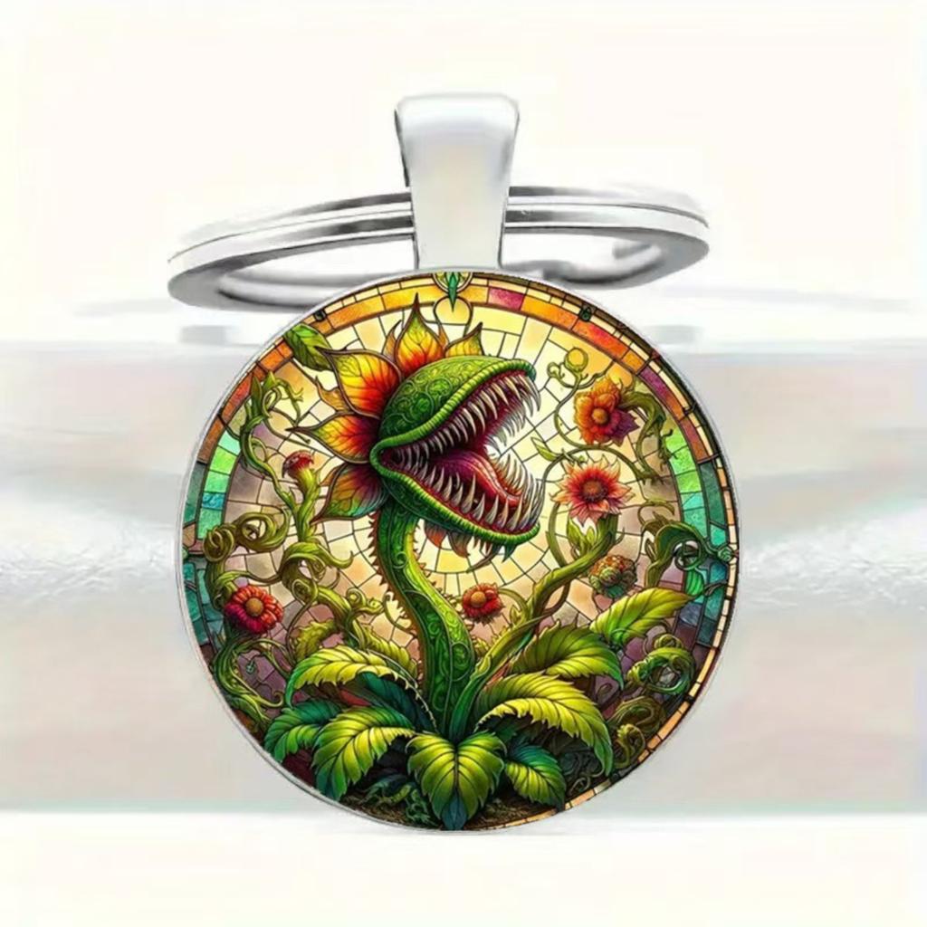 Round Glass Alloy Keychain Pendant with Botanical Carnivorous Plant Design Durable Metal Frame Stained Glass Style Art Key Ring Accessory