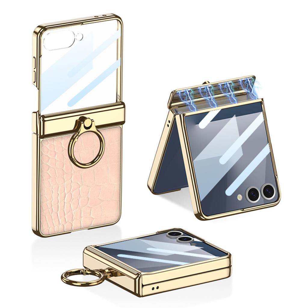 Suitable for Samsung Z FLIP7 Mobile Phone Case Electroplated Finger Ring Hinge Plain Leather Protective Case Flip7 Shell Film Anti Fall Full Package