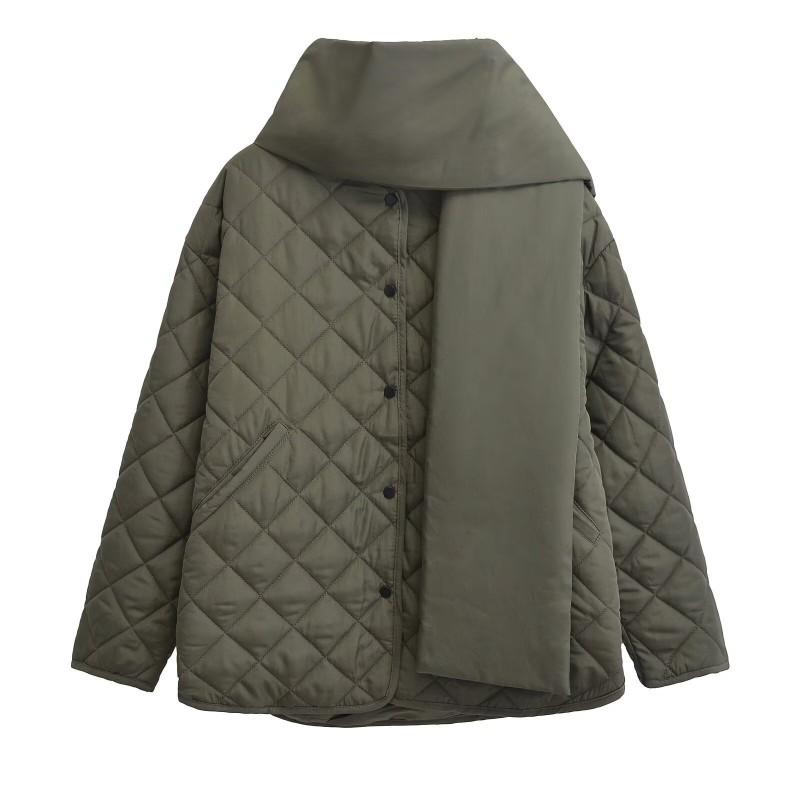 Womens Oversized Cotton Puffer Coat With Scarf Collar Solid Color Street Style Winter Jacket