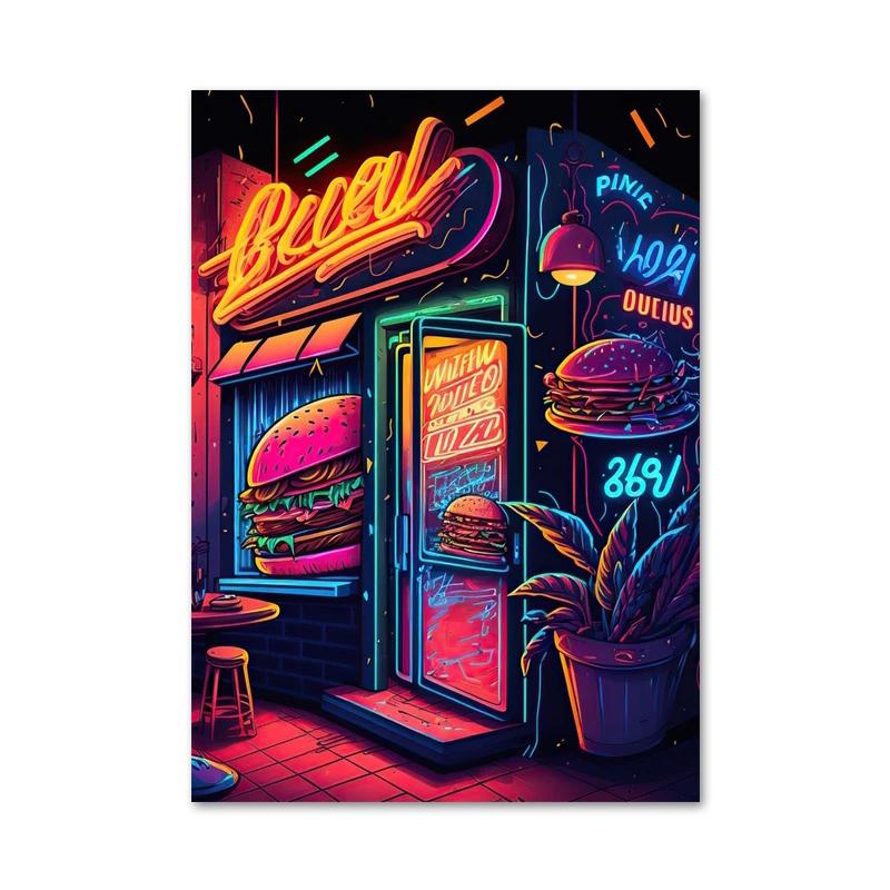 Colored Neon Lights Food and Beverage Posters Prints Hamburger Pizza Fruit Canvas Paintings Wall Art for Kitchen Home Decor