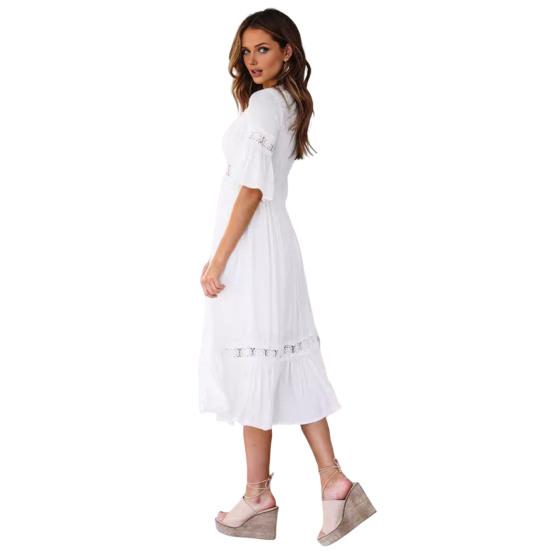 Boho Summer V Neck Flowy Dress for Women Floral Lace Ruffle A Line Dress Casual Bell Sleeve Beach Vacation Sundress