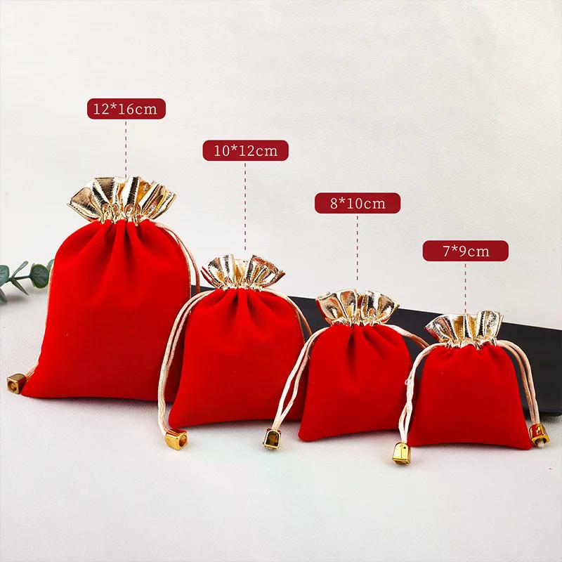 10pcs/lot Vintage Velvet Bag Gold Color Trim Drawstring Red Gift Bags Wedding Jewelry Packaging Pouches