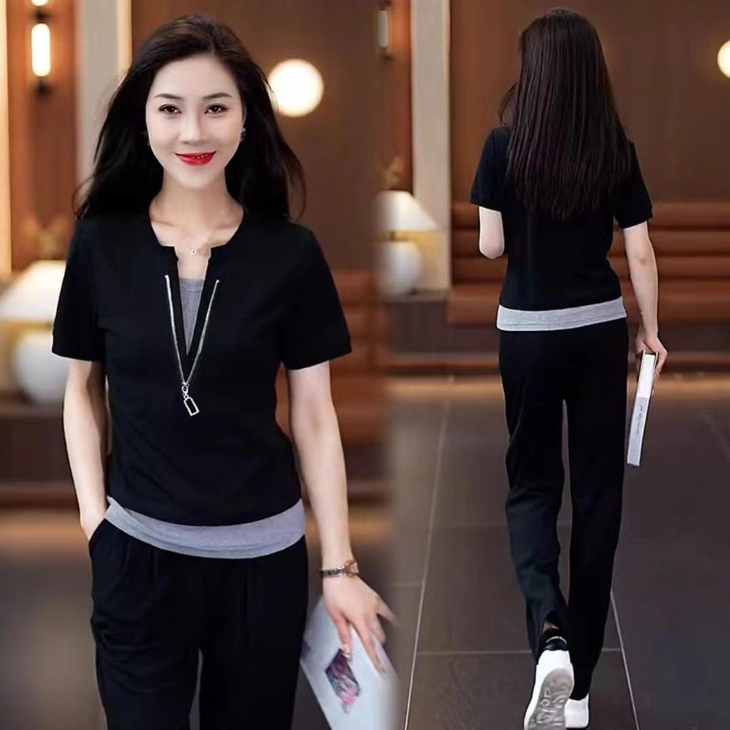 Short Sleeve Casual Sportssuit Women's Summer New Fashion Age-reducing Holiday Two-piece Top Straight-leg Pants Two-piece Set