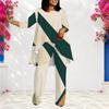 Women Plus Size Beige Dark Green Printed Round Neck Three Quarter Sleeve Asymmetrical Top Long Pants Two Piece Set