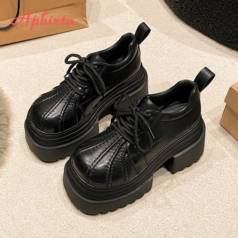 Aphixta 10cm Platform Ankle Boots Black Height Increasing Spring Woman Shoes Leather Thick Botton Sole Modern Boots