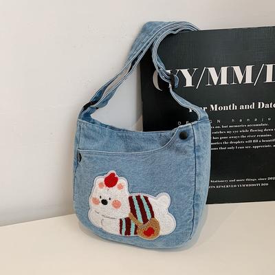 Bestickte Denim-Umhängetasche mit großem Fassungsvermögen für Pendler, Cartoon-Nische Künstlerisch Retro Umhängetasche