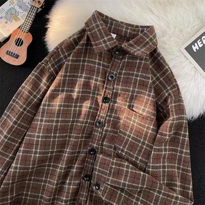 2024 Plaid Long Sleeve Shirt Japanese Hong Kong Style Ins Loose Shirt Boys Summer Trendy Versatile Casual Coat