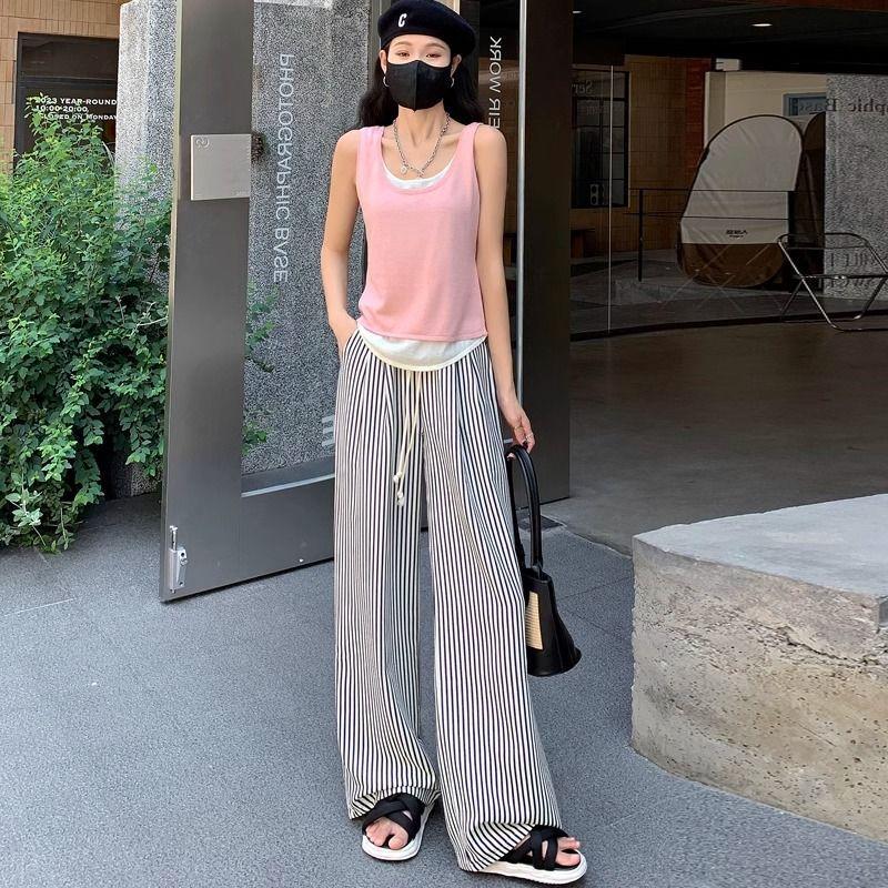 Summer Striped High-Waist Drawstring Wide-Leg Pants for Women - Casual Loose Slimming Lazy Relaxed Thin Trousers