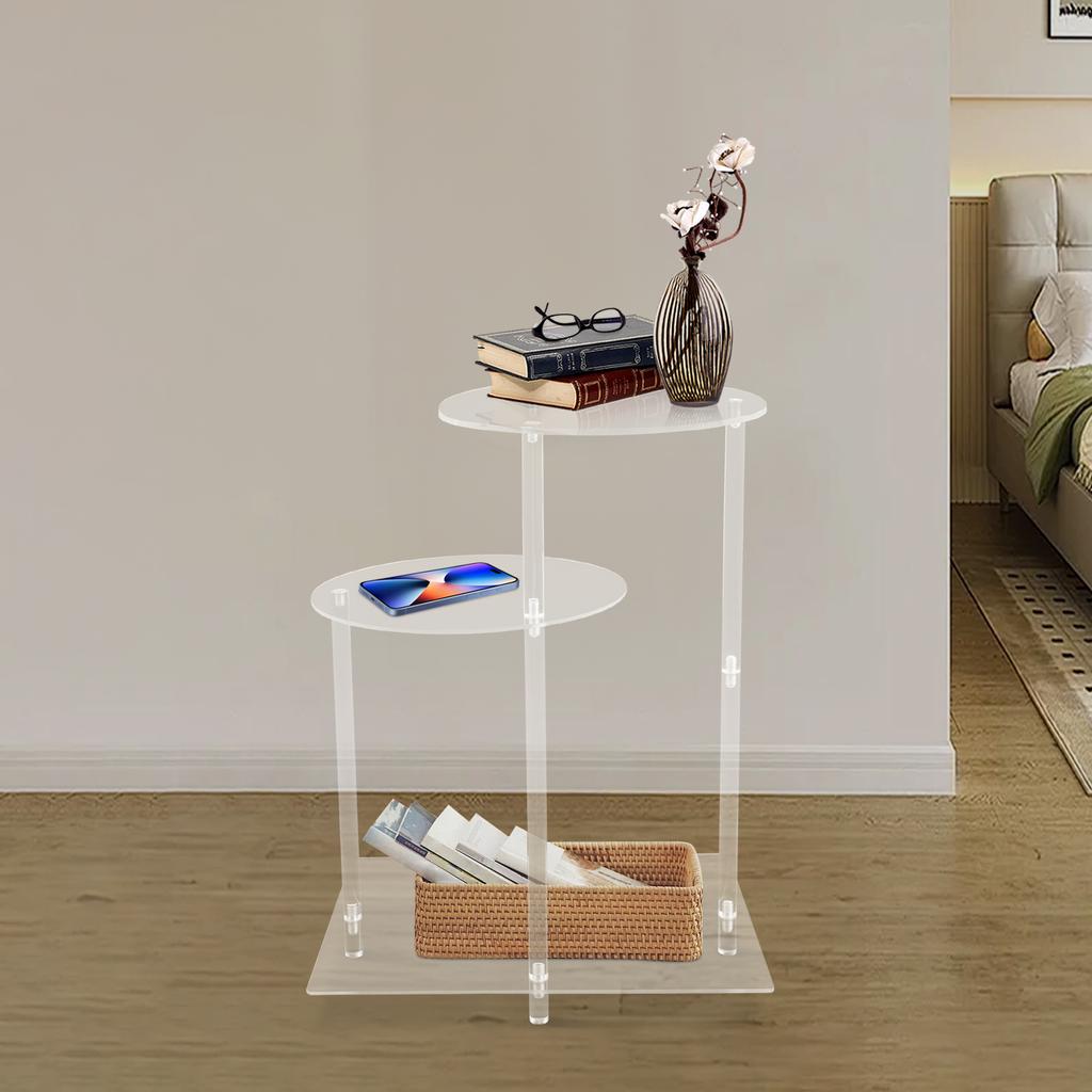 3-Tier Sturdy Clear Round Side Table (5kg Capacity) - Modern PC Material Bedside Table W/ Open Storage Shelf for Bedroom, Office