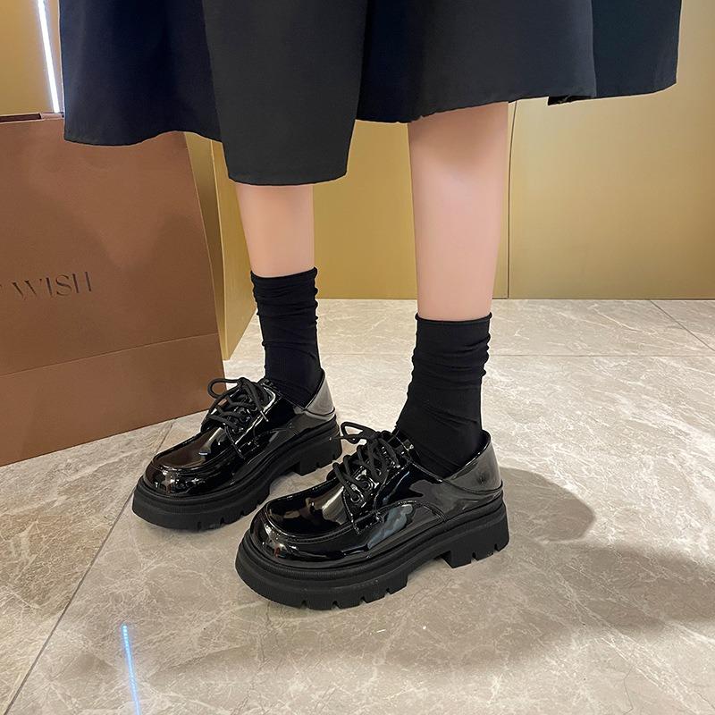 Thick sole wide fat feet small leather shoes thick heel laceup college style large size women's shoes