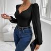 Új Szexi Négyzetnyakú Karcsúsított Egyszínű Női Hosszú Ujjú Fekete Hálós Betétes V-nyakú Jumpsuit