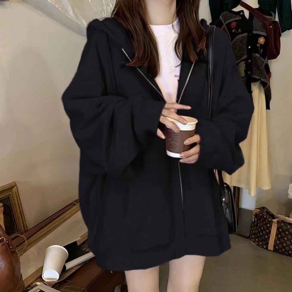 Chic Black Fleece-Lined Hooded Sweatshirt for Women - Loose Fit, Korean Style Jacket for Spring and Autumn