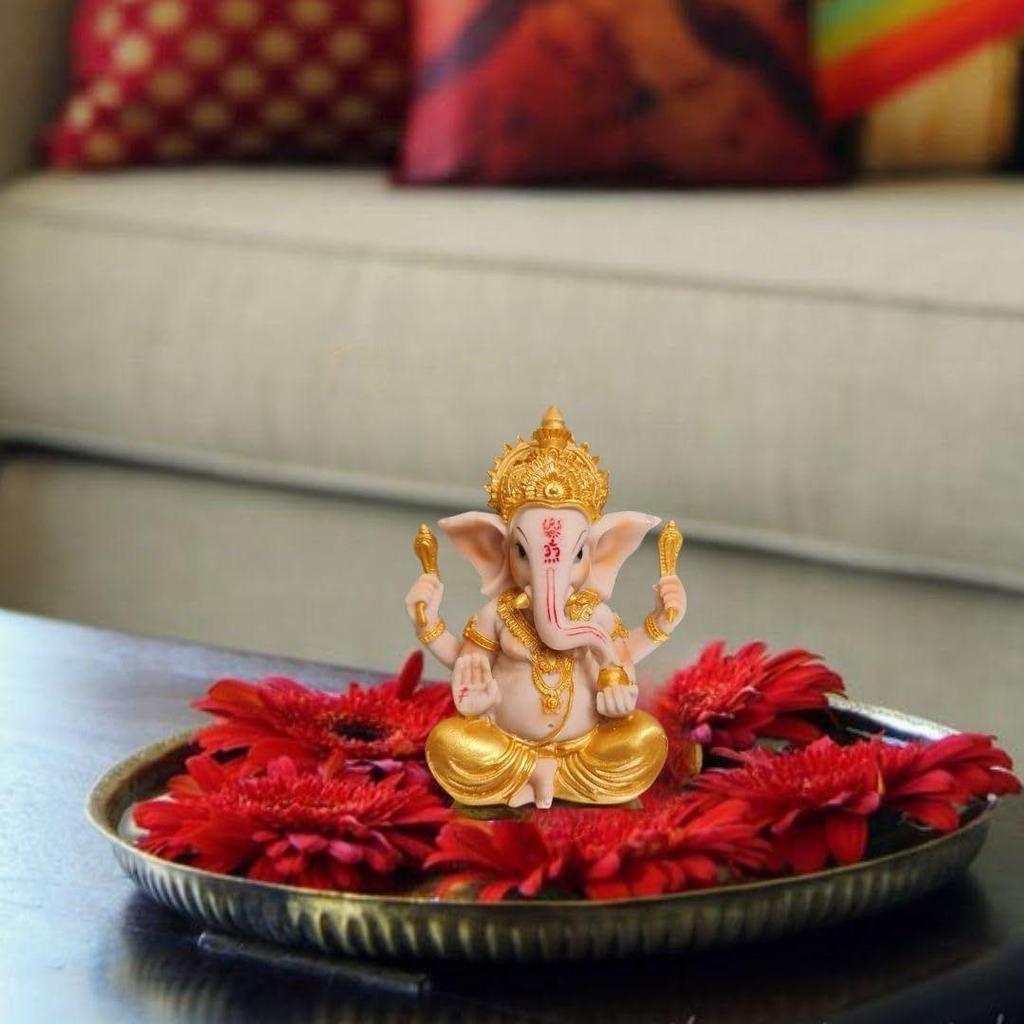 1 Pc Gold Premium Decorative Lord Ganesha Statue & Idols for Home Decor, Office, and Pooja,car Dashboard, for Festivals, Weddings