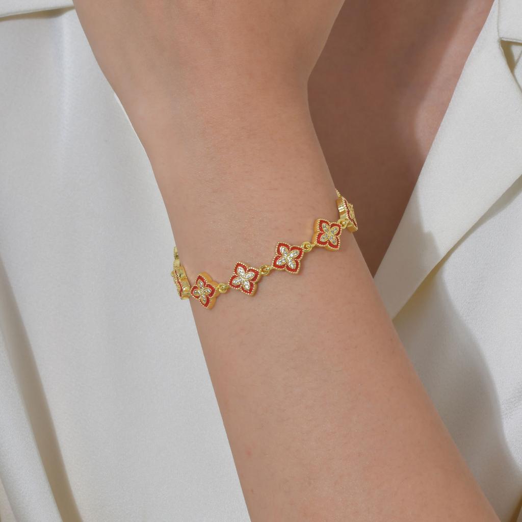 Copper Epoxy Zircon Four Leaf Flower Necklace Women'S Temperament Niche Flower Bracelet Pbr-219