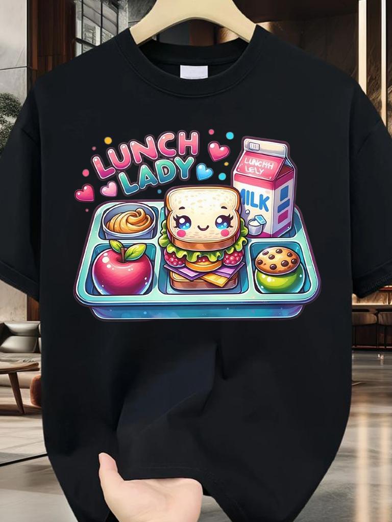 Cute Lunch-Themed Women'S T-Shirt with Cafeteria Food Print Soft Casual Short-Sleeve Shirt, Suitab