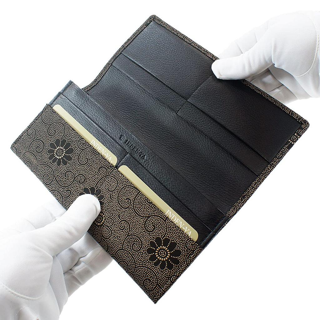 [Inden-ya] Inden Long Wallet, Size M, with Coin Purse, Deerskin, Black with White Lacquer, Chrysanthemum Pattern, 2109-11-005