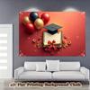 2D Red Graduation Banner with Balloons & Cap for College & High School Grad Party Decor