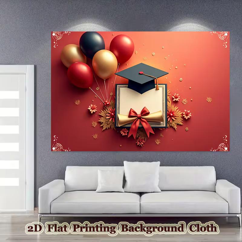 2D Red Graduation Banner with Balloons & Cap for College & High School Grad Party Decor