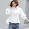 Weiße Bluse mit Puffärmeln und langen Ärmeln im französischen Stil - Unregelmäßiger Herbst-Koreanischer Stil