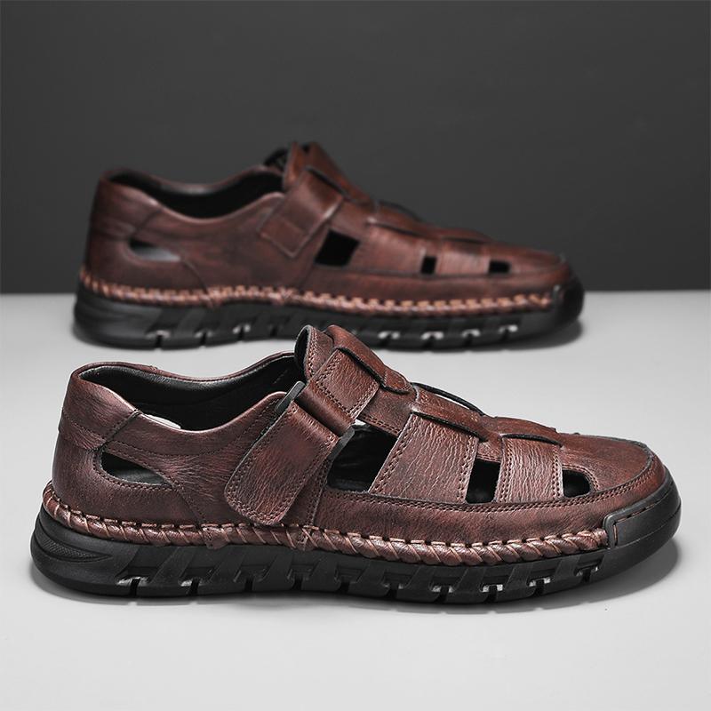 Mens Closed Toe Sandals Large Size Genuine Leather Casual Hiking Sandals Hand Sewn Outdoor Comfortable