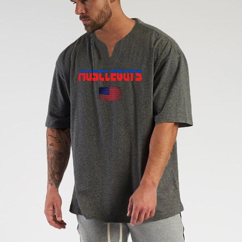 Muscleguys Men's Summer Loose Korean Streetwear Men Tops Youth Fashion Casual V-neck Cotton T-shirt Oversized Short-sleeve Graphic T Shirts