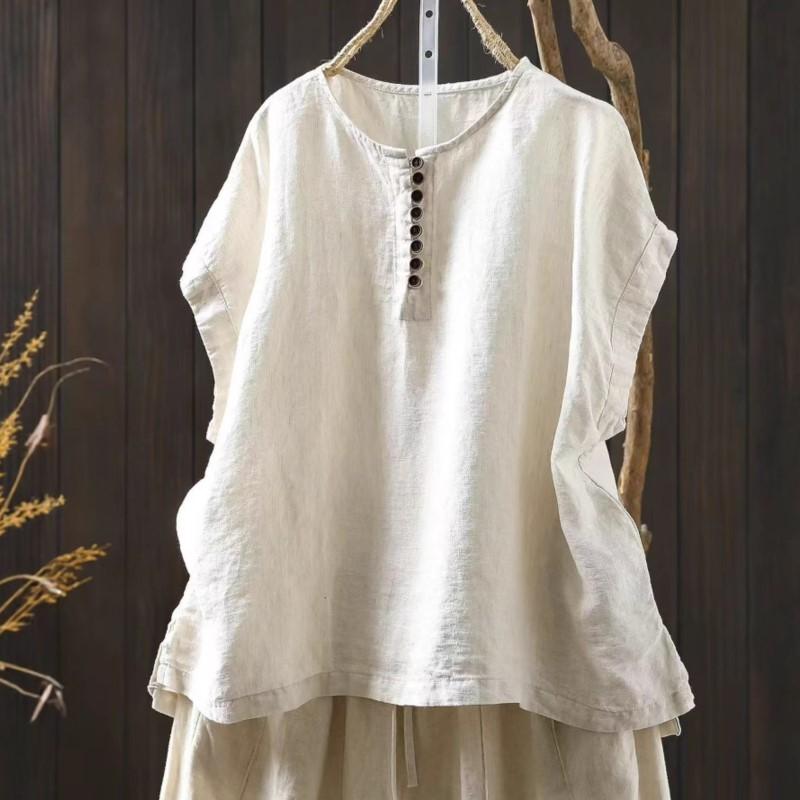 Johnature Women Vintage Button T-Shirts Solid Color O-Neck Sleeveless Summer Loose Button Female T-Shirts